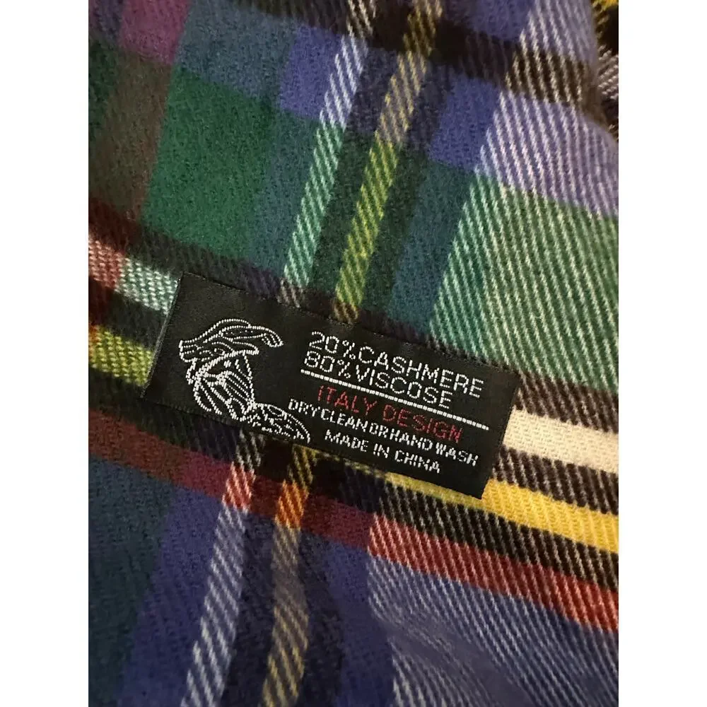 Vintage Men's Multicolor Cashmere Check Fringed Scarf cashmere